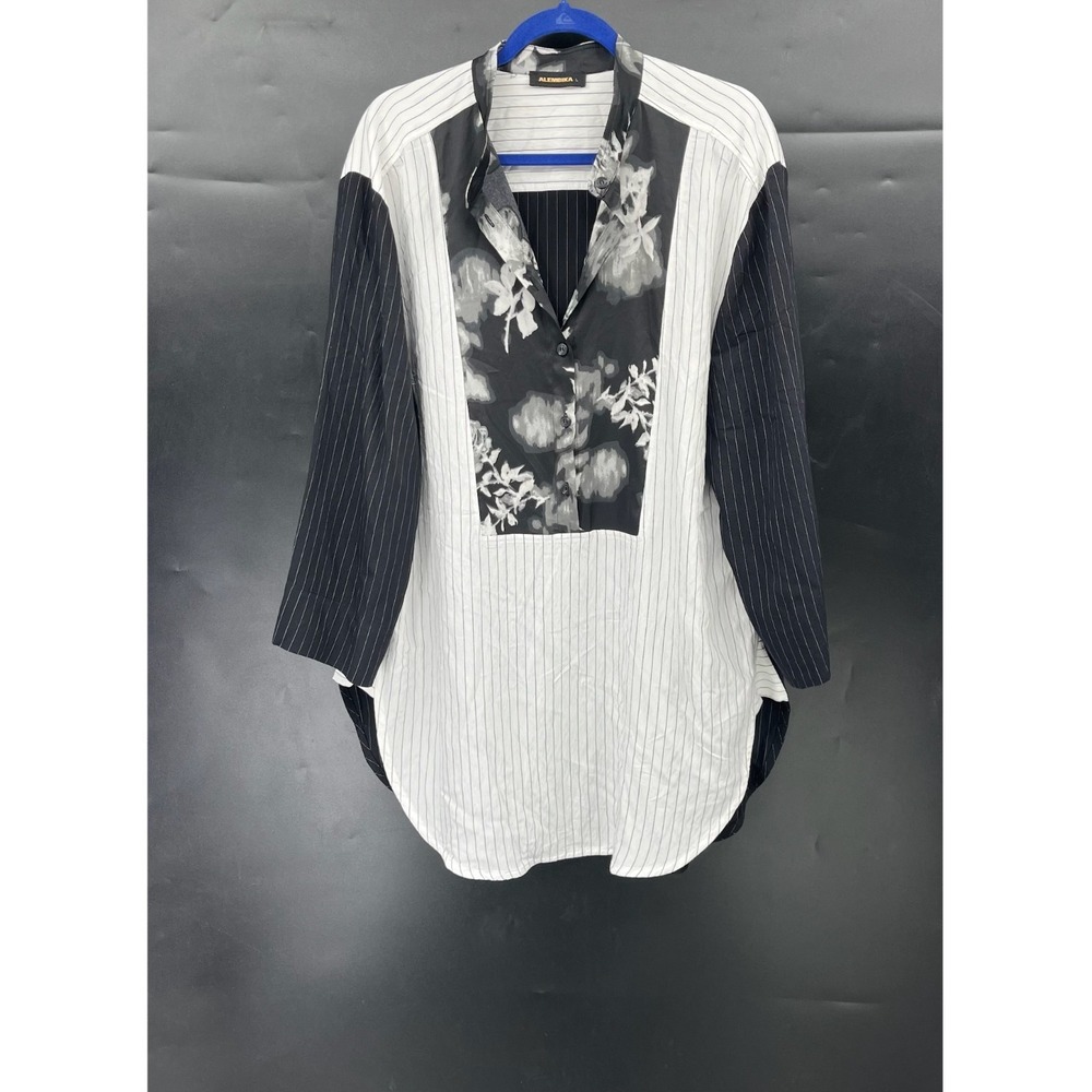 Alembika Black & White top Stripe floral popover lagenlook tunic Avant-Garde L
